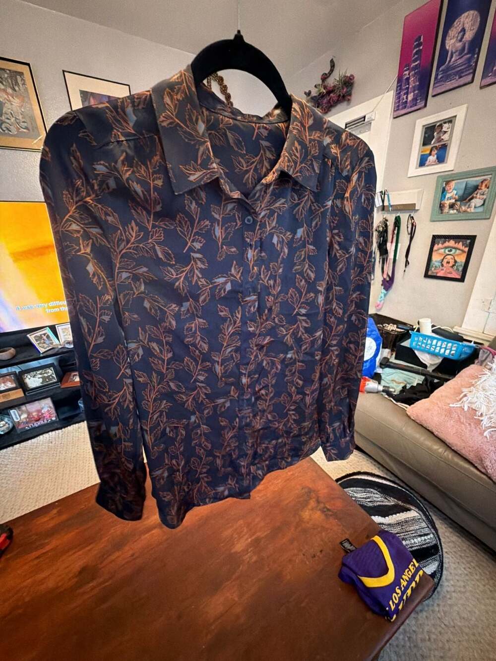 Mr. Max Long Sleeve Button-Front Leaf Print Blouse